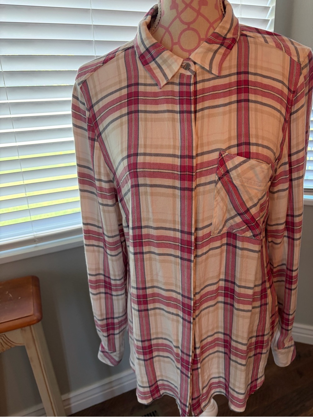 White House Black Market Beige and Red Plaid Button-Down Shirt